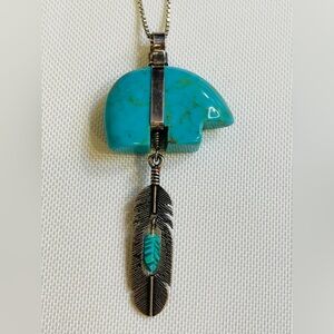 SJC Native American Handmade Sterling Silver Turquoise Bear & Feather Necklace